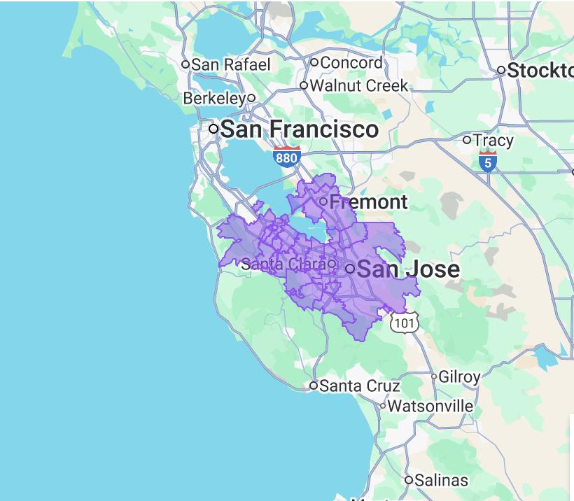 Map of the Promax Service Group HVAC service area, covering San Jose, Santa Clara County and nearby Bay Area cities